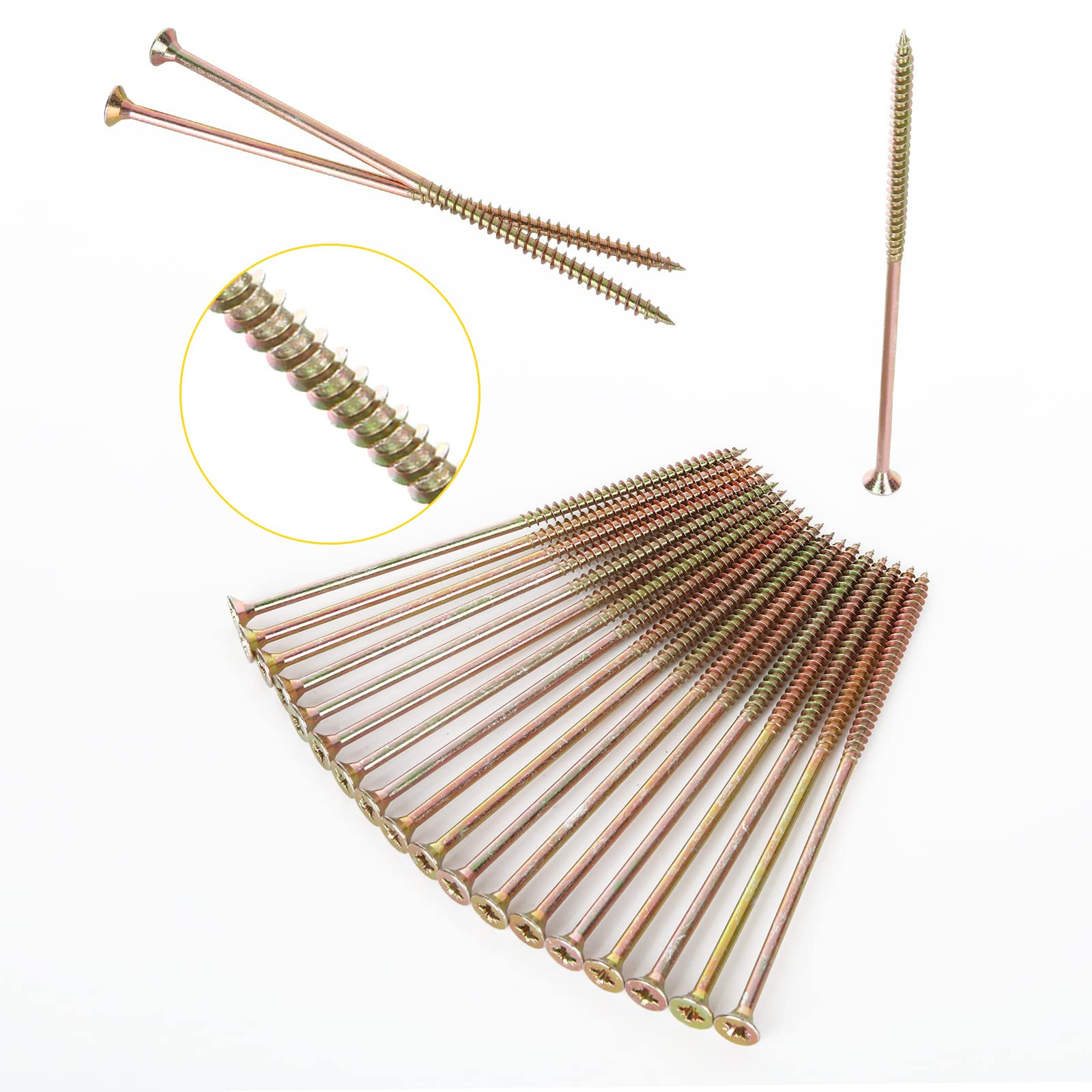 SENENQU 100PCS M6 x 160mm Long Wood Screws, Flat Modified Truss Head Wood Screws, Galvanized Steel Self Tapping Screws, Multipurpose Pozi Screws - Countersunk Head | Zinc Yellow