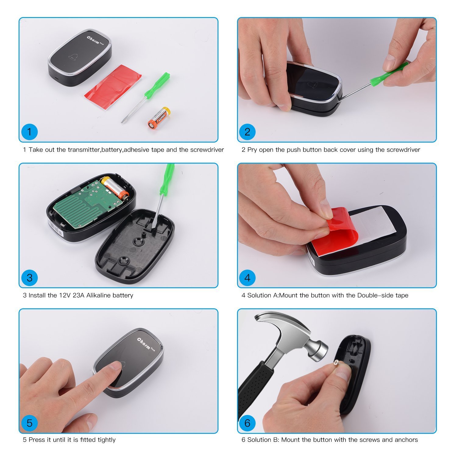 Sonnette Sans Fil de Porte, Kit de Carillon Électrique Étanche à 280 Mètres de Portée avec LED Bleu et 36 Mélodies au 4 Niveau Volumes pour Bureau, Maison, Classe, Hôtel, Hopital (Noir)