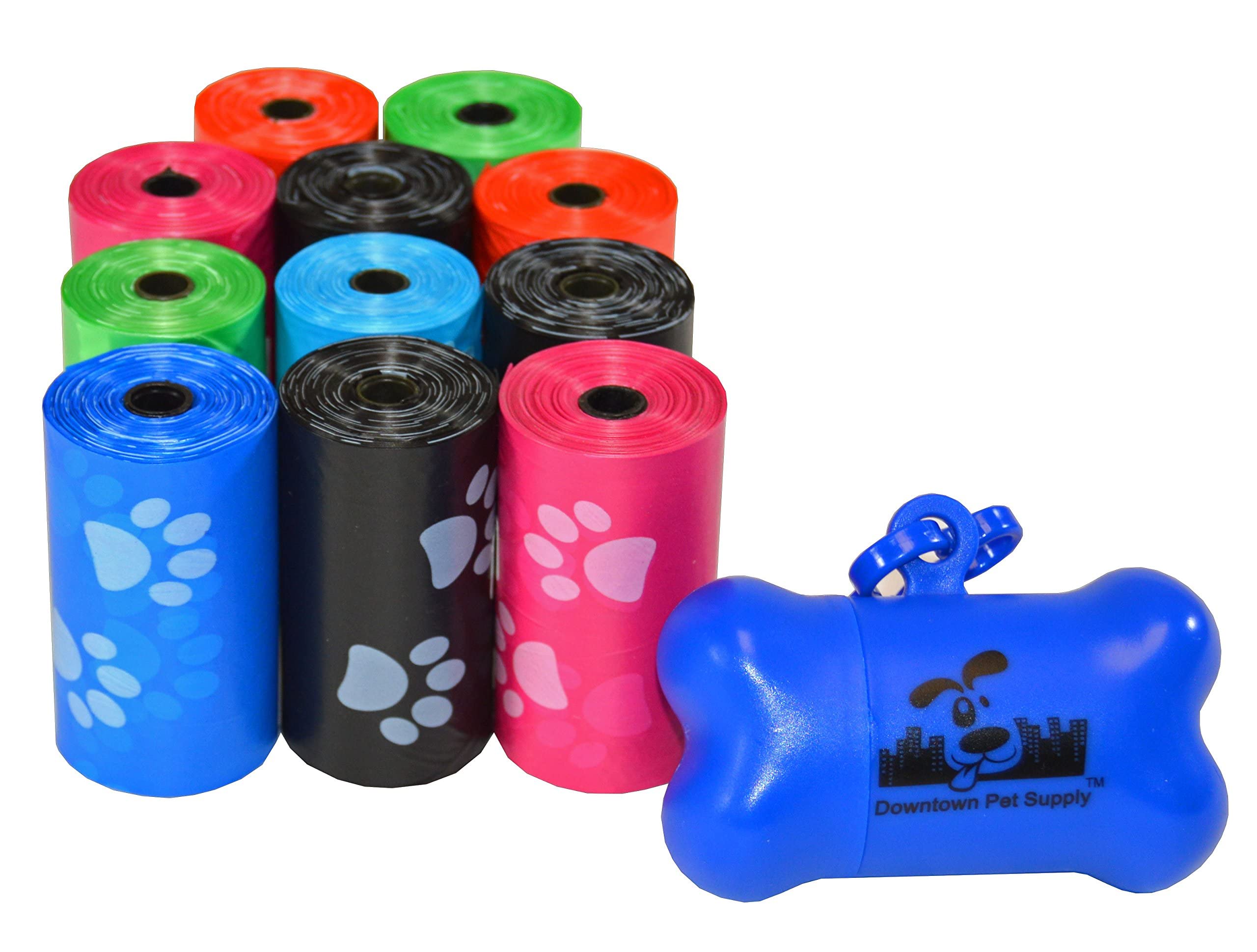 Downtown Pet Supply 220 Pet Waste Bags, Dog Waste Bags, Bulk Poop Bags on a roll, Clean up poop bag refills - (Color: Rainbow of Colors with Paw Prints) + FREE Bone Dispenser, by Pet Supply City LLC