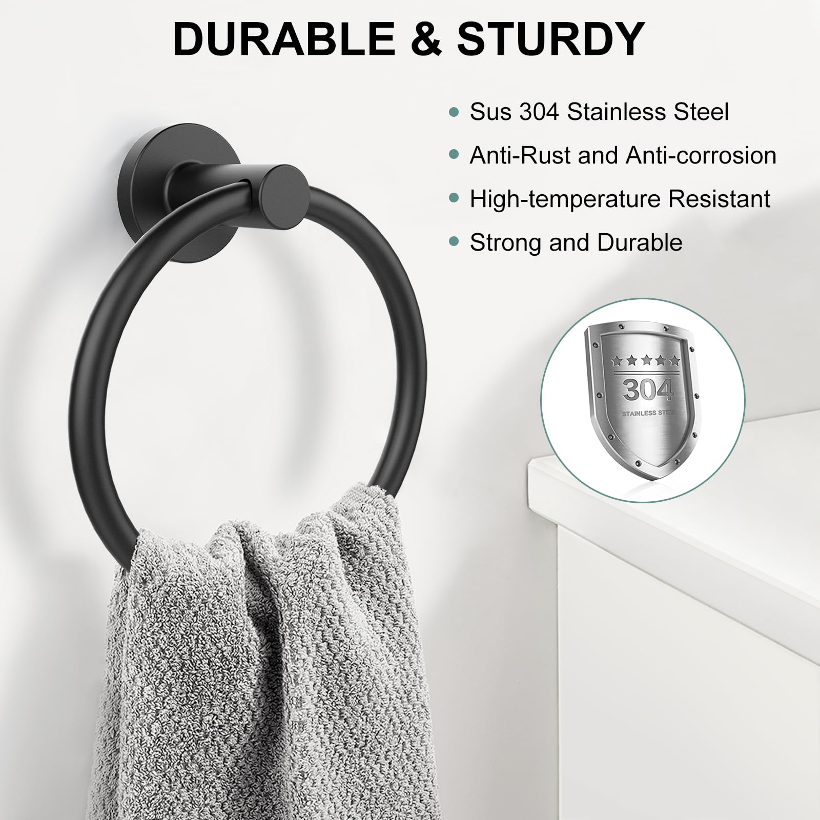 SetSail Towel Holder for Bathroom Wall Matte Black Towel Ring Stainless Steel Hand Towel Holder Heavy Duty Towel Hanger for Bath, Kitchen