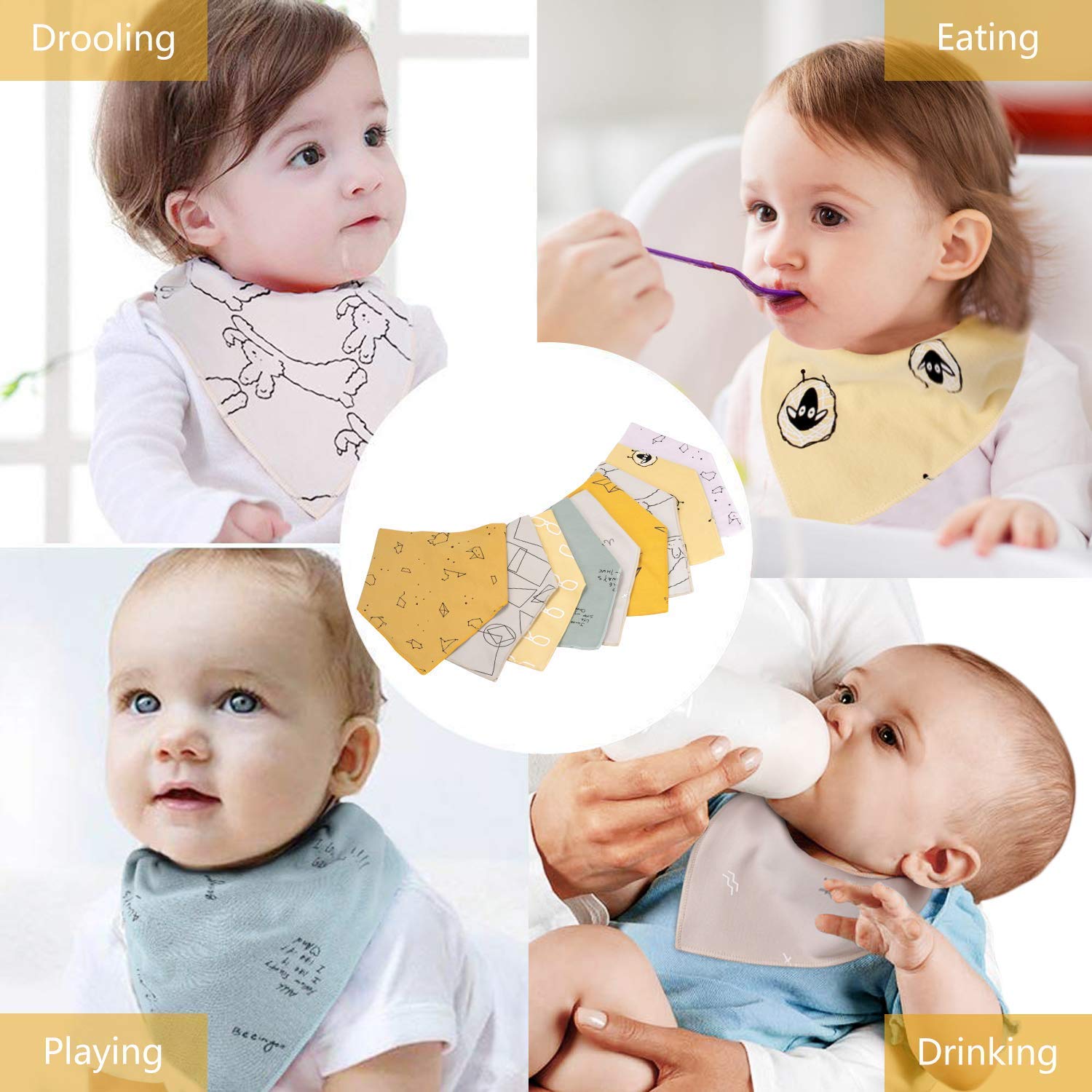 Viedouce Baby Bandana Drool Bibs 100% Organic Cotton Baby Burp Cloths with Adjustable Snaps, Neutral Set of 9: Baby