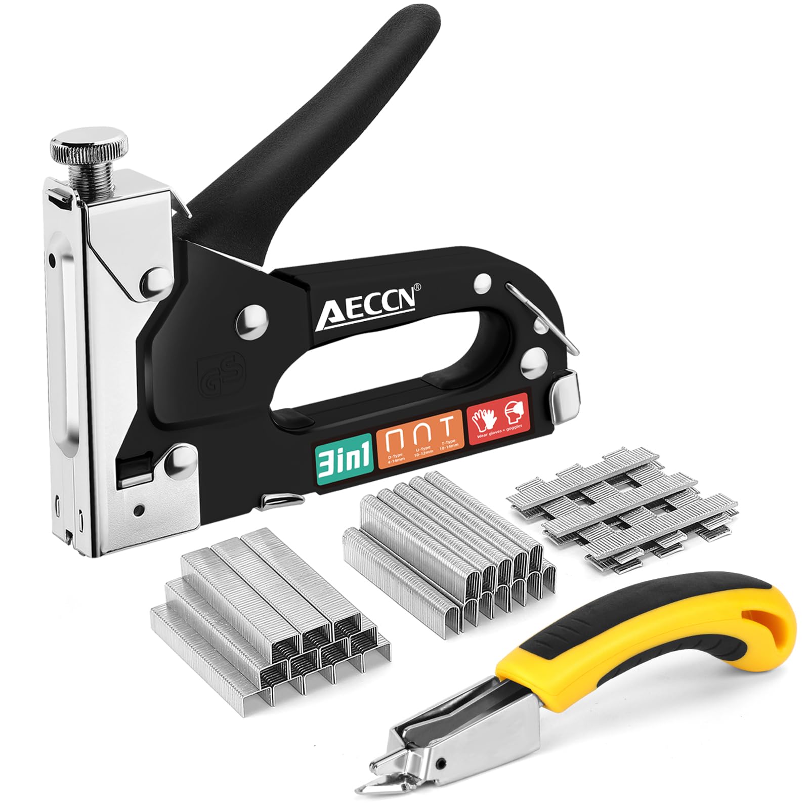 AECCN 3 in 1 Heavy Duty Staple Nail Steel Gun Kit with 2100 Staples, Upholstery Stapler for Fixing Material, Decoration, Carpentry, Furniture, Doors and Windows - Black