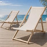 2 Pcs AceOrbit Folding Sling Beach Chair, Adjustable,Cream White | Solid Wood, Breathable Oxford Fabric, Portable, Patio, Backyard &amp; Camping