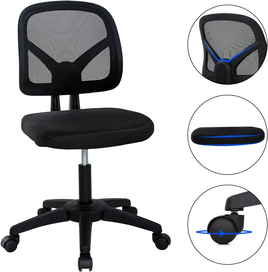 Office Chair Armless Small Mesh Computer Chair Low-Back Desk Chair w/Wheels Adjustable Ergonomic Chair w/Lumbar Support Rolling Swivel Task Chair for Adult and Teenager 250LBS, Black