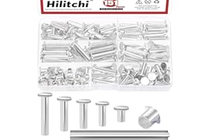 Hilitchi 151PCS M6 Aluminum Flat Head Semi-Tubular Rivets with Punch Assortment Kits Aluminum Round Flat Head Rivet Silver Round Semi Tubular Rivets for Craft Repairs Decoration