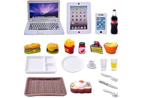 HKLMRO 20Pcs Miniature Laptop Computer Tablet Toy Phone Pad and Hamburger Fries Cola Fast Food Cake Coffee Juice Fits Barbie Doll Accessories Scale Dollhouse Playsets Girl Mini Drink Food Party