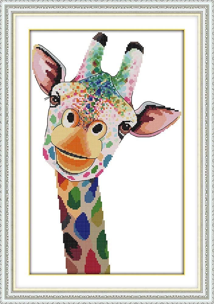 WOWDECOR Cross Stitch Embroidery Kits for Adults Kids, Colorful Giraffe Animals 11CT Stamped DIY DMC Needlework Easy Beginners