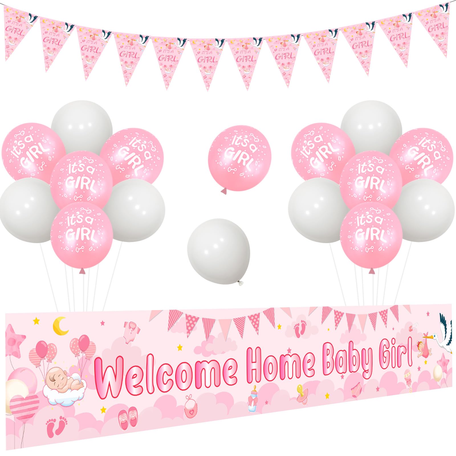 Jollyboom Welcome Home Baby Girl Decorations Newborn, Pink Welcome Home Baby Girl Backdrop Banner It's a Girl Bunting Banner Balloons Pink White for New Born Girl Welcome Party Baby Shower Decoration
