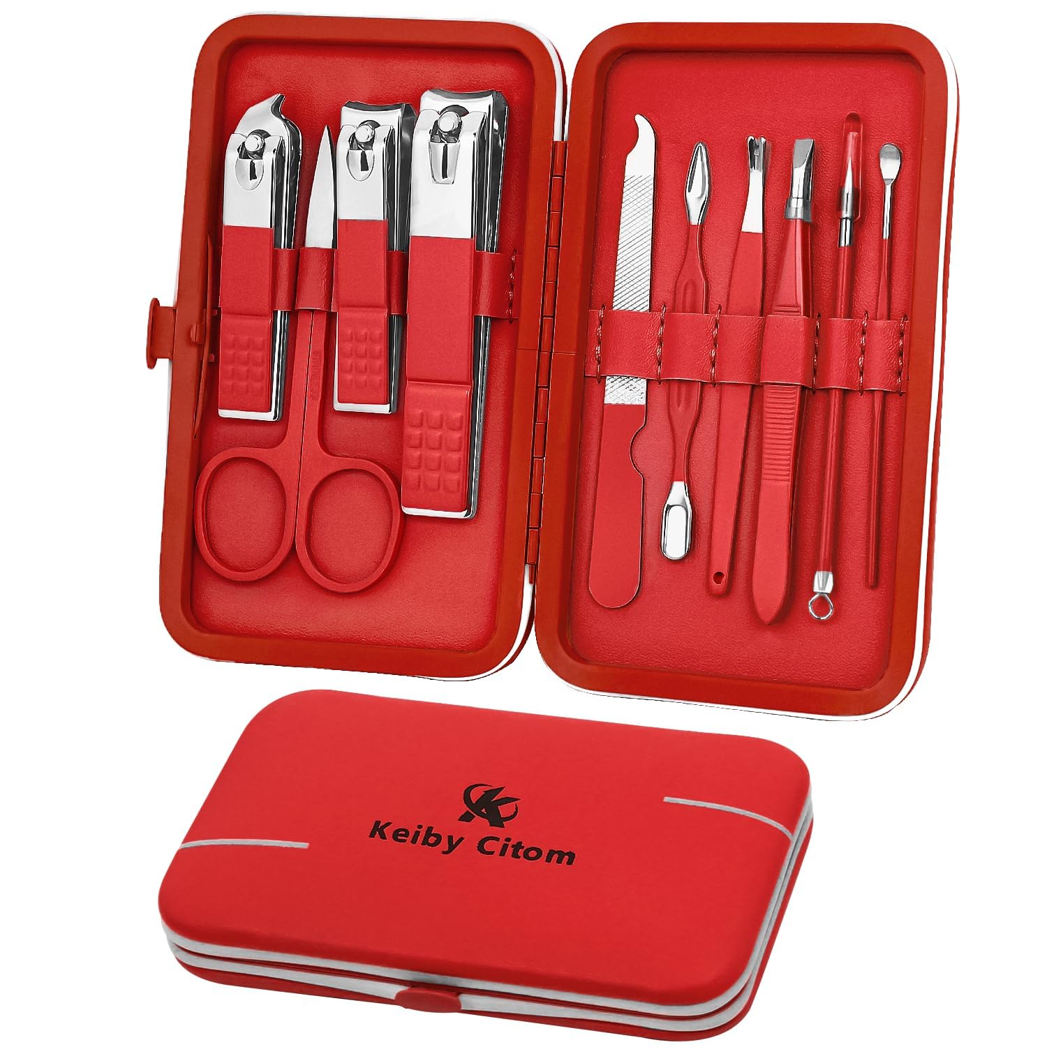 Manicure Set 10pcs Professional Nail Clippers Kit Pedicure Care Tools-Stainless Steel Grooming Tools for Travel (Red)