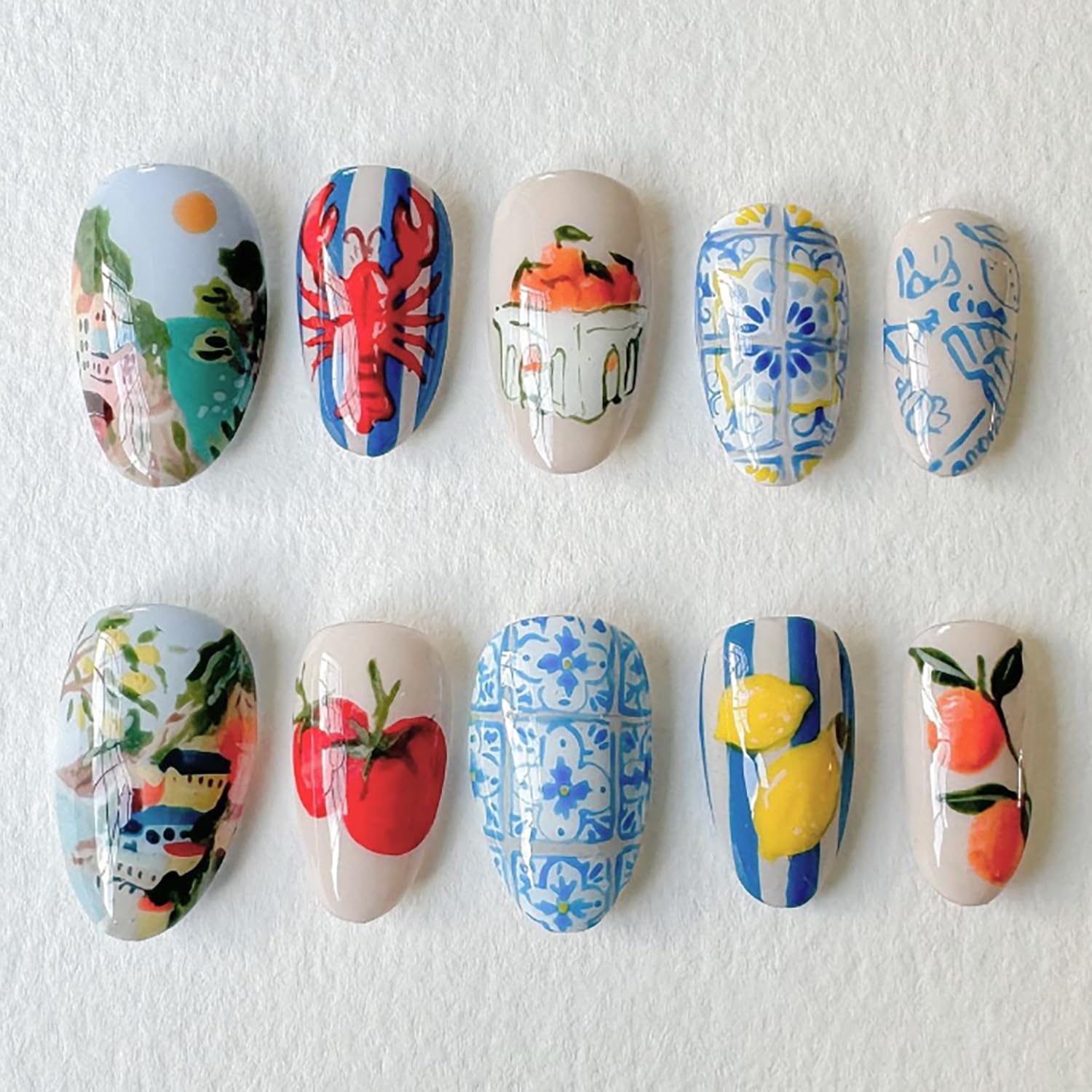 RIICFDD Holiday Nails Almond Press on Nails Short Fake Nails Fruit Acrylic Nails Shrimp Nails Press ons with Blue White Stripe Design Full Cover Glossy Glue on Nails for Women Artificial Nails 24 Pcs