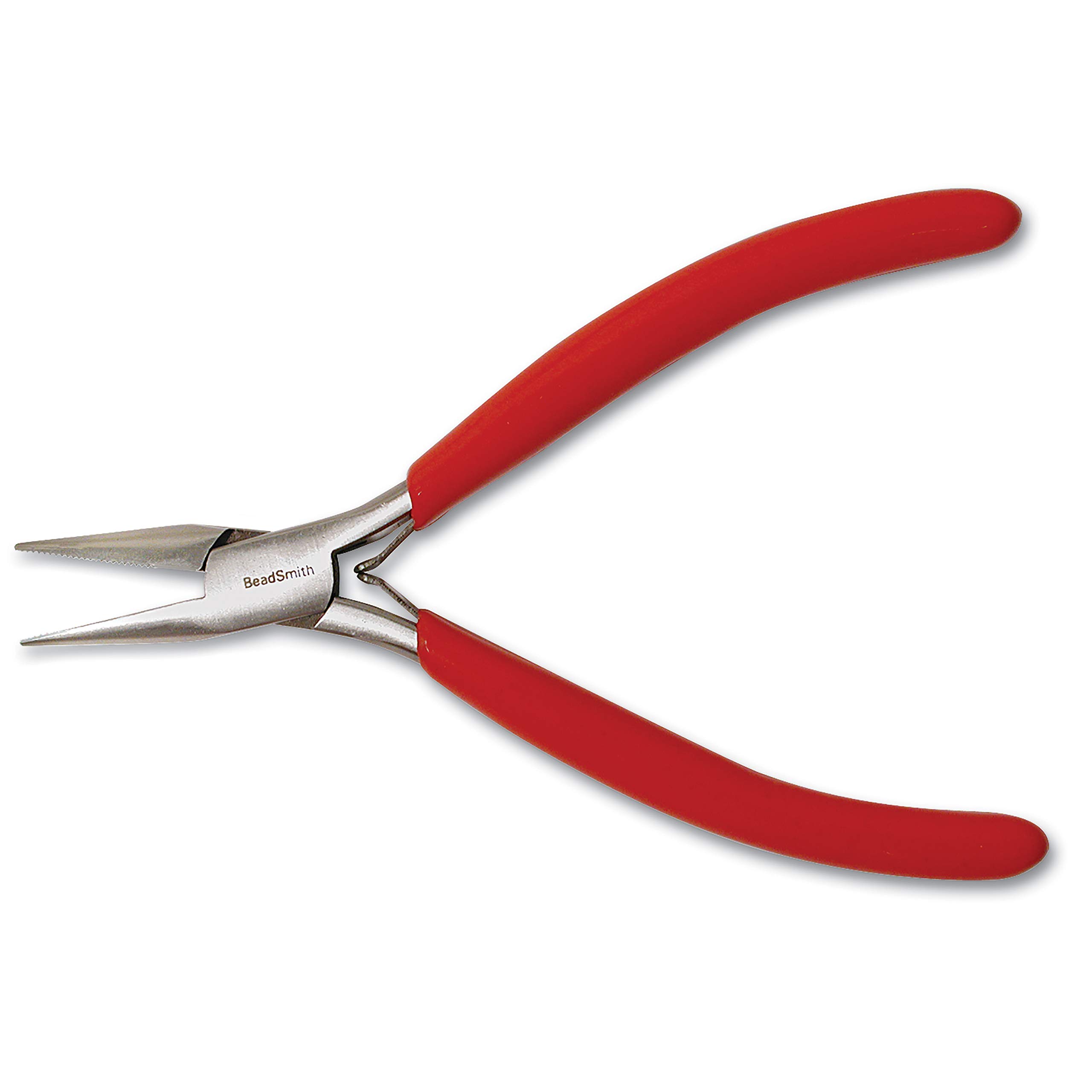 The Beadsmith Slim Line Serrated Chain Nose Pliers, 4.75 inches (120mm) with polished steel head, red PVC comfort grip handle with double-leaf spring, tool for jewelry making