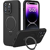 CellEver Strong Magnetic Case for iPhone 14 Pro Max [for MagSafe Charging] [Camera Protection] Heavy-Duty Protection, Soft Grip Silicone Cover with Kickstand, Black
