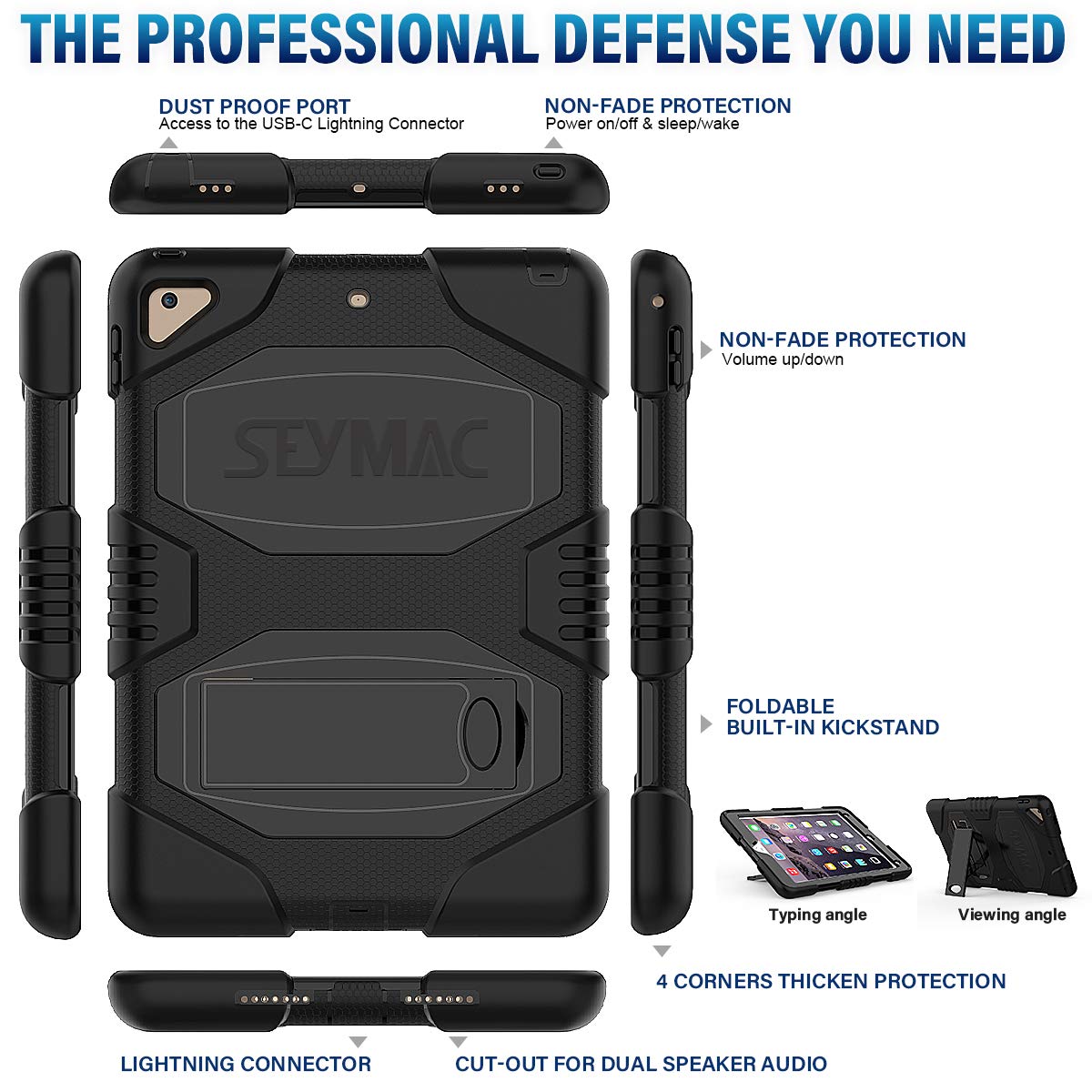 SEYMAC Case for iPad 9.7 5th/6th Generation, Heavy Duty Shockproof Rugged Protective Case with Built-in Kickstand for New iPad 9.7 inch 2018/2017 Generation &Air 2&Pro 9.7 inch(Black)