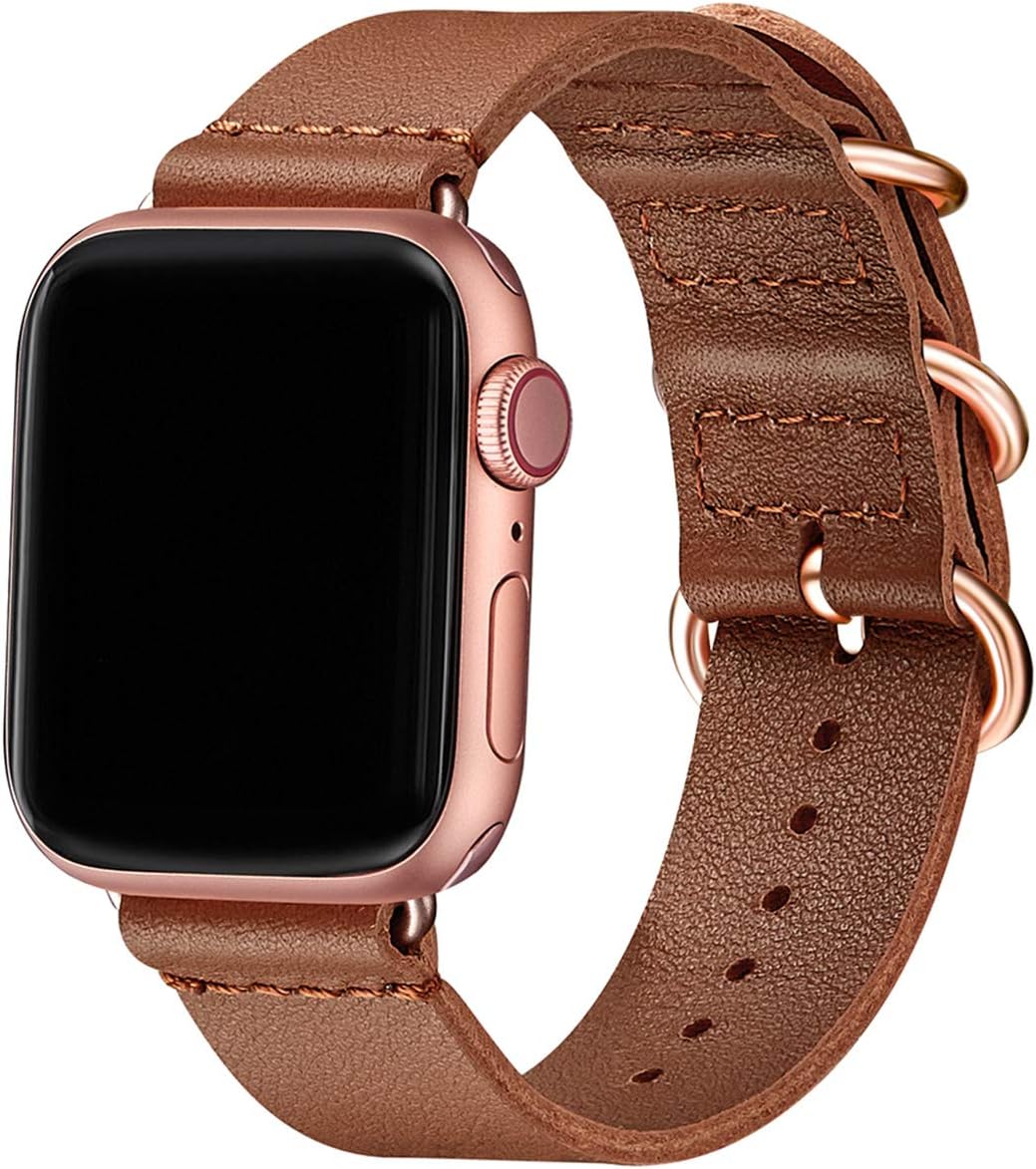 Leather Bands Compatible with Apple Watch Band 38mm 40mm 42mm 44mm,Genuine Leather Replacement iWatch Band for iWatch Series5/4/3/2/1(Saddle Brown/Rose Gold,38mm 40mm)