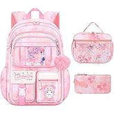 Youngsing Backpack for Girls 3pcs Set, Kids Backpack for Girls with Lunch Box Pencil Case Set for Teens Elementary Middle School Bags (Pink-3 Pieces Set-1)