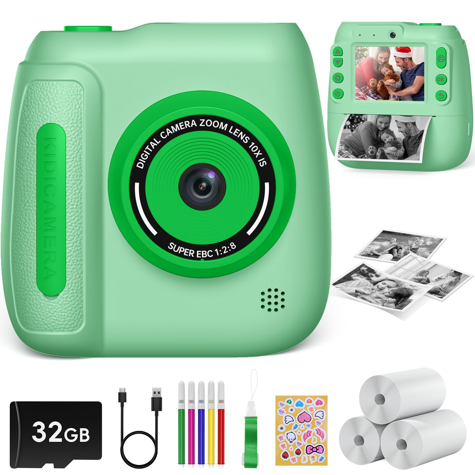 Hangrui Kids Camera Instant Print,2.4'' Instant Print Camera for Kids with 32GB Card & 3 Rolls Photo Paper, Selfie Children's Cameras Christmas Birthday Gifts for 3 4 5 6 7 8 9 Year Old Girls-Green