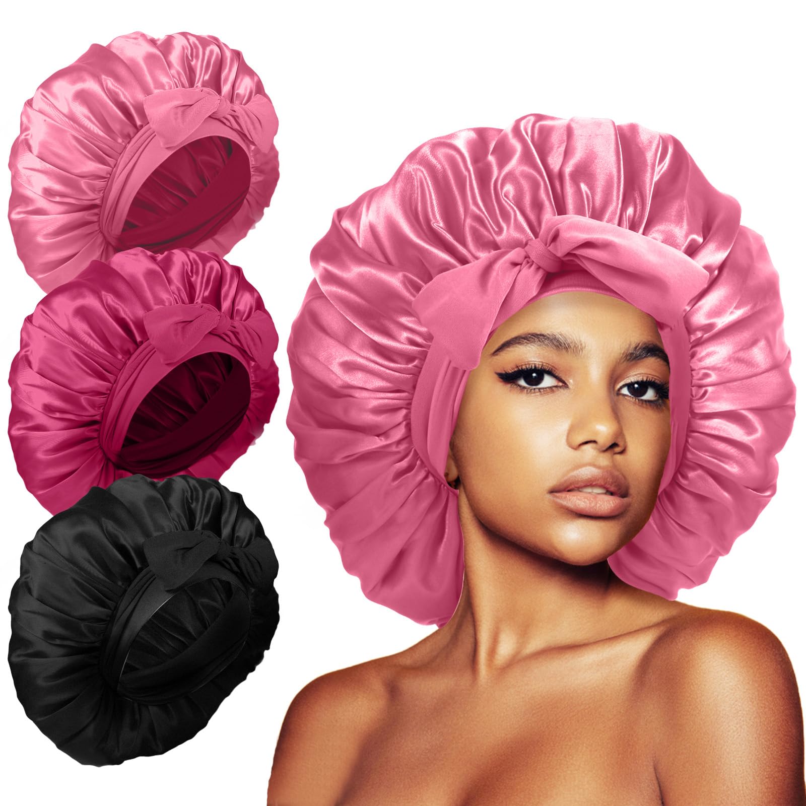 Photo 1 of 3Pcs Bonnet for Sleeping, Extra Silk Satin Hair Bonnets with Tie Band for Curly Hair Braids