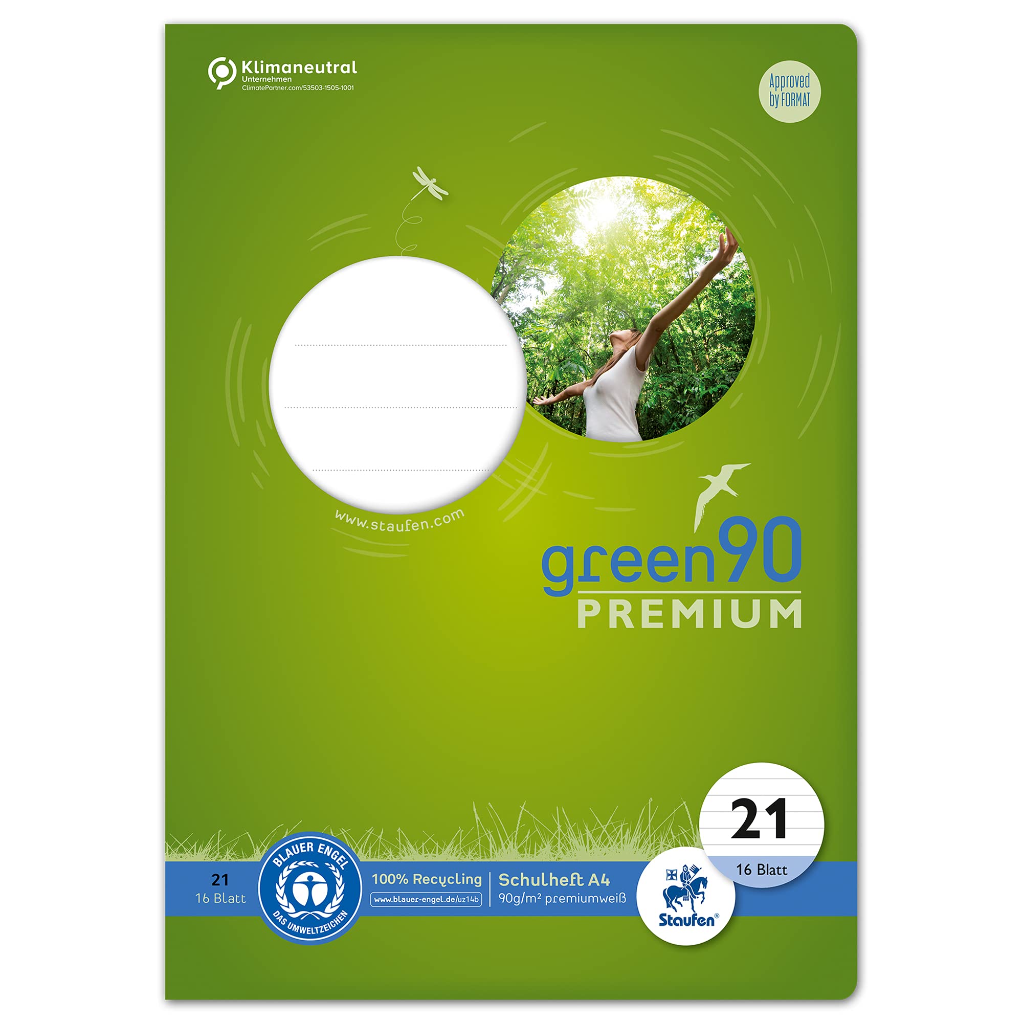 Staufen Green notebook - DIN A4, line style 21 (9 mm lined), 16 sheets, premium white 90 g/m² recycled paper, round corners prevent "donkey ears", 4 different designs (no selection possible), 1 piece