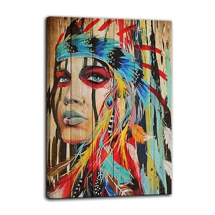 Native American Wall Decor Colorful Feathered Indian Girl Wall Art Prints And Posters Decorations For Living Room Bedroom Painting Pictures Framed