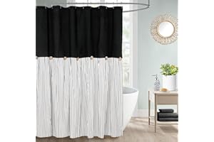 DOSLY IDÉES Farmhouse Black Shower Curtain,Beige and Black Stripe,Button Curtain,Linen and Cotton Woven Fabric,Rustic Charm Country Chic Style,72x72 in