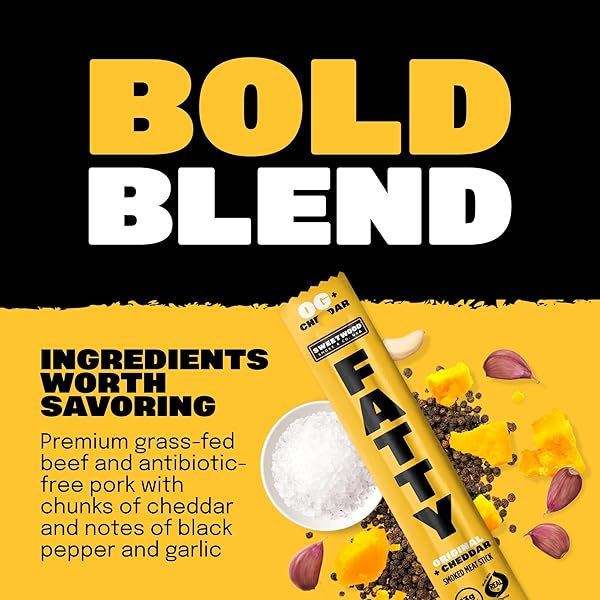 FATTY MEAT STICKS, HIGH PROTEIN, MADE WITH GRASS FED BEEF, PORK RAISED WITHOUT ANTIBIOTICS, 13G PROTEIN PER STICK, ORIGINAL CHEDDAR, 2 OZ.
