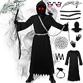 Kicpot Grim Reaper Costume for Kids Boys Adult Halloween Reaper Costume Child 5-14Y Scythe Chain Gloves Robe Glowing Red Eyes