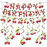Cherry Theme Birthday Party Decorations ,Includes Happy Birthday Banner, Cherry Banner Hanging Swirls,Vibrant & Fun for Girl Princess Birth Party Cake Table Supplies Decor (Red)