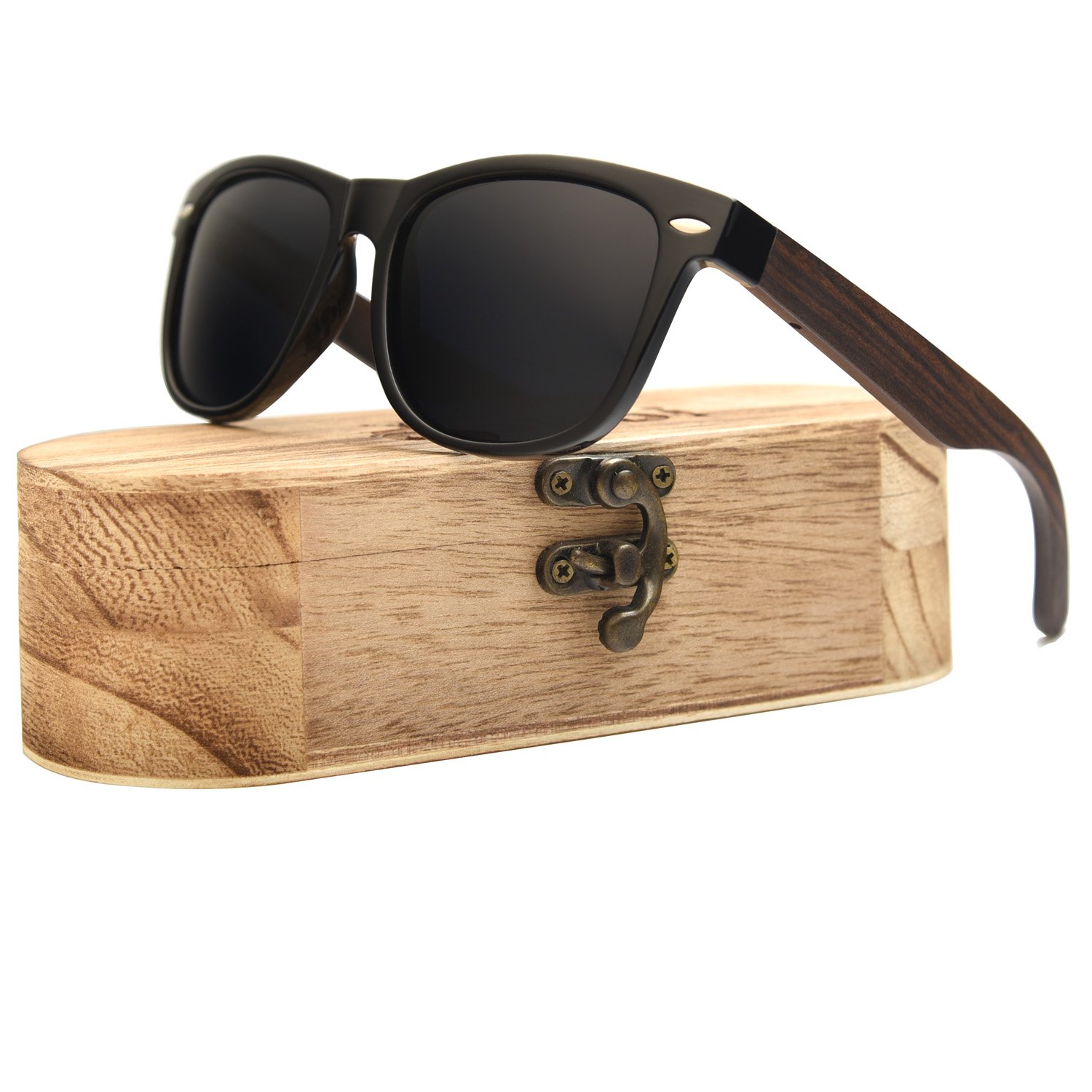 ABLIBI Men\'s Bamboo Wooden Sunglasses Polarized Driving Eyewear for Women in Wood Box(Grey)