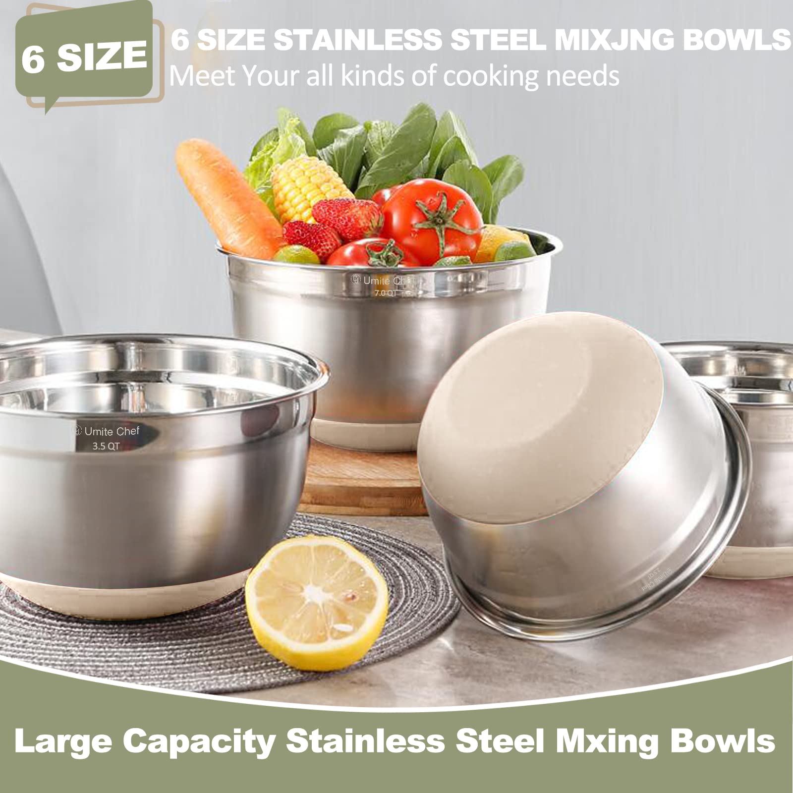 Umite Chef Mixing Bowls with Airtight Lids 6 Piece Stainless Steel Metal Nesting Storage Bowls
