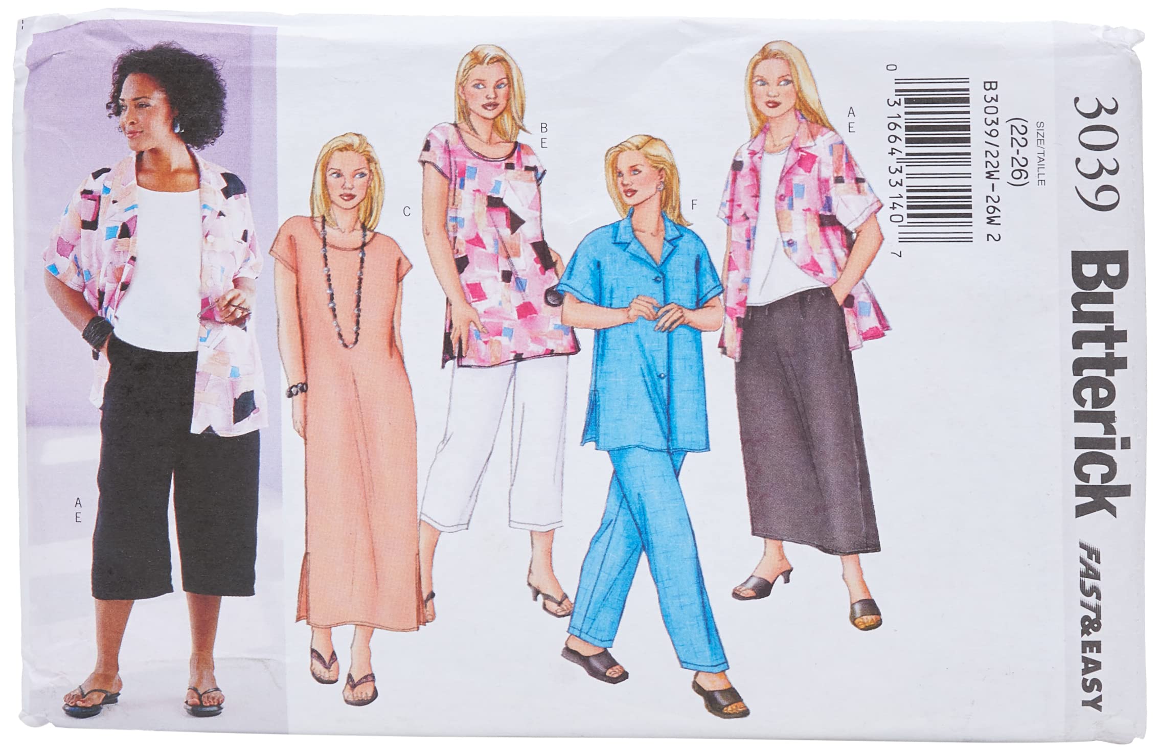 Butterick Patterns B3039 Size 22W Women's Petite Shirt, Top, Tunic, Dress, Skirt and Pants, White
