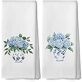 XPH Chinoiserie Vase Floral Kitchen Dish Towels Set of 2, Blue and White Porcelain Hydrangea Gifts for Wommen, Spring Chinoiserie Flower Hand Towels Kitchen Tea Towels Decorations, 16x24inch