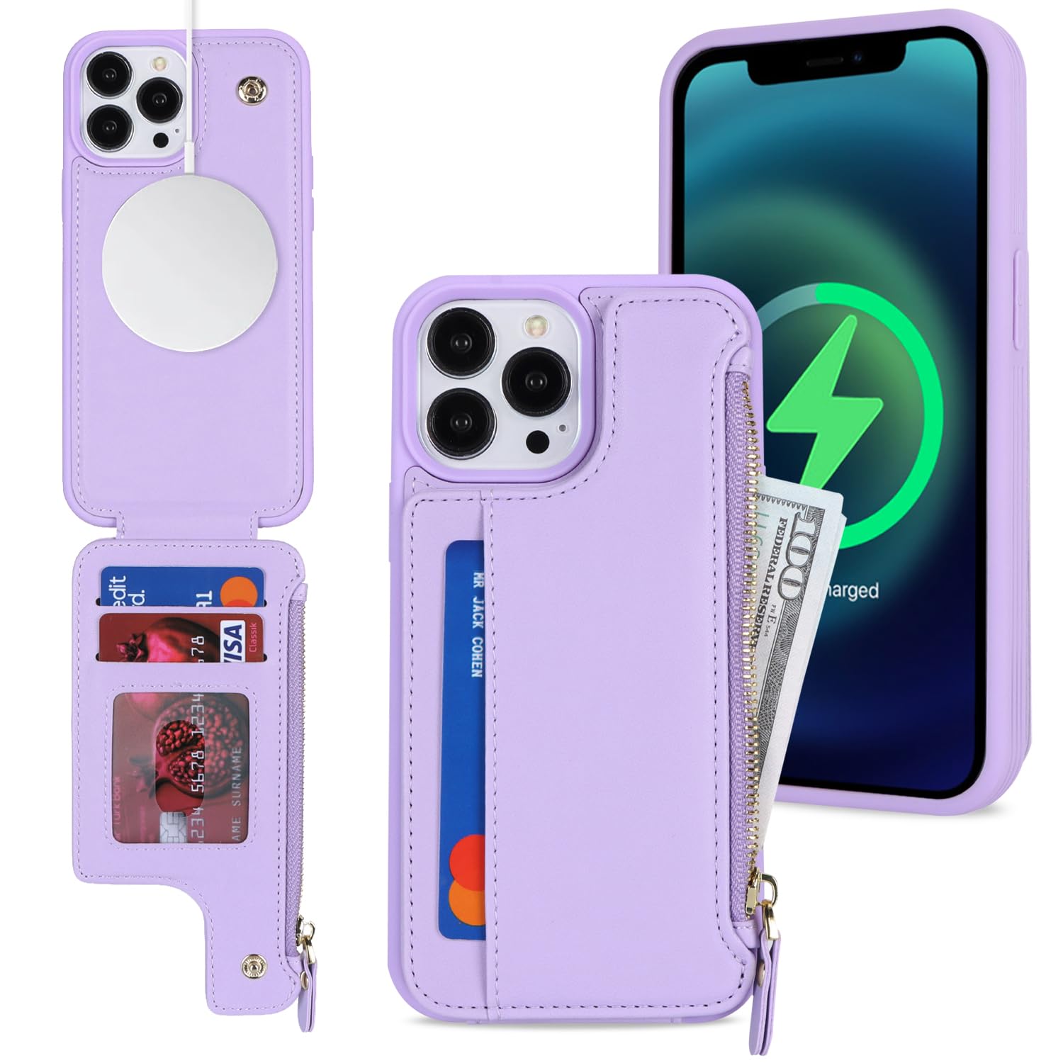 SailorTech iPhone 15 Pro Max Case with Credit Card Holder magsafe, iPhone 15 Pro Max Phone Leather Case Wallet for Women Compatible mag safe Card Slots Zipper Shockproof Case for Men - Purple — image 1