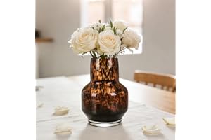 Amber Tortoise Shell Glass Vase – Modern Brown Speckled Decorative Flower Vase for Table, Shelf, or Entryway (Tortoise Shell 