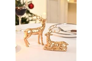 AOMOONOA 2Pcs Resin Reindeer Figurines for Christmas Decor Gold Tabletop Reindeer Statues Small Decorative Deer Figurines for Indoor Christmas Tabletop Mantle Decorations