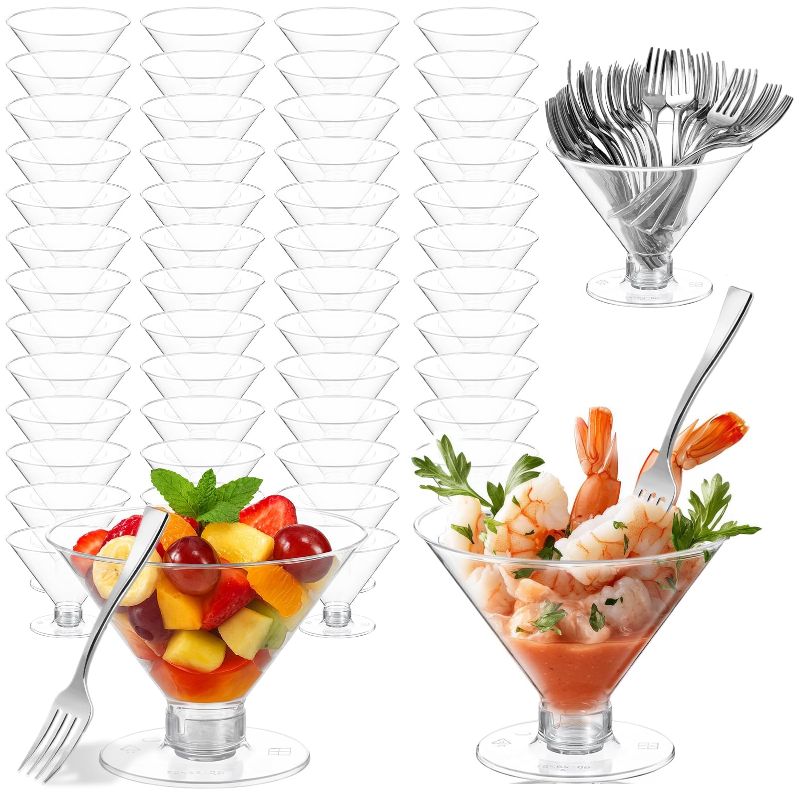 Photo 1 of 100 Pack Plastic Martini Glasses Disposable with Mini Silver Forks, 50 Pcs Forks and 50 Pcs 5oz Shrimp Cocktail Cups, Clear Disposable Cocktail Glasses for Wedding, Desserts and Appetizers (Clear)