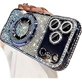 AuroiCCY for iPhone 17 Pro Magnetic Kickstand Case, [Compatible with Magsafe] Bling Glitter Diamond Rhinestone Ring Holder Camera Protector Cute Cover for Girls Woman for iPhone 17 Pro 6.3", Blue