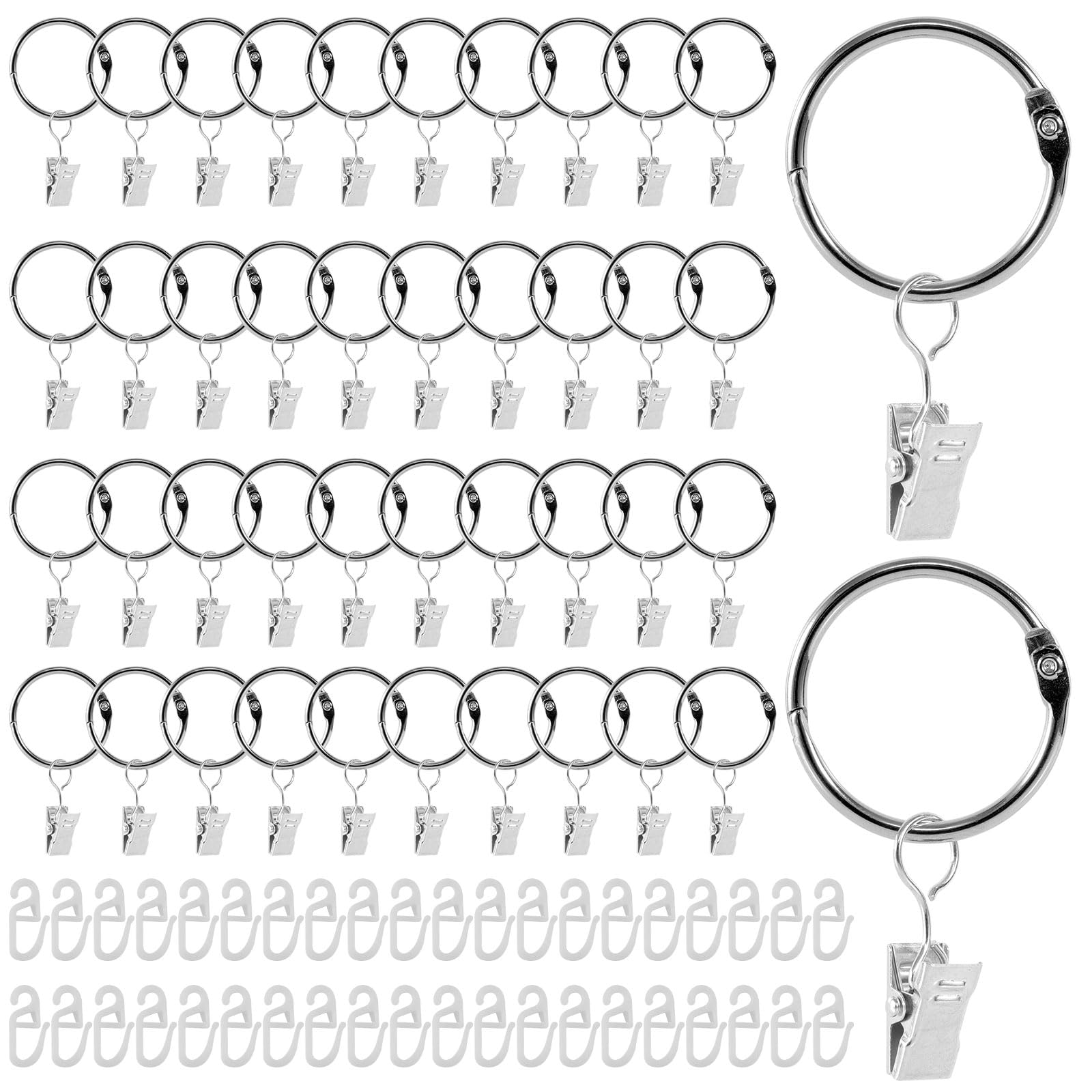 40Pcs Curtain Rod Ring Clips Set, 35mm ID Metal Drapery Ring Clips, Rustproof Hanger Ring Hook Clip, Shower Blind Clip Rings with S Plastic Hooks, Curtain Hangers Clips for Window Bathroom Kitchen