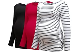 Bearsland Womens Maternity Long Sleeve Tshirt 3 Packs Classic Side Ruched Tee Top Mama Pregnancy Clothes