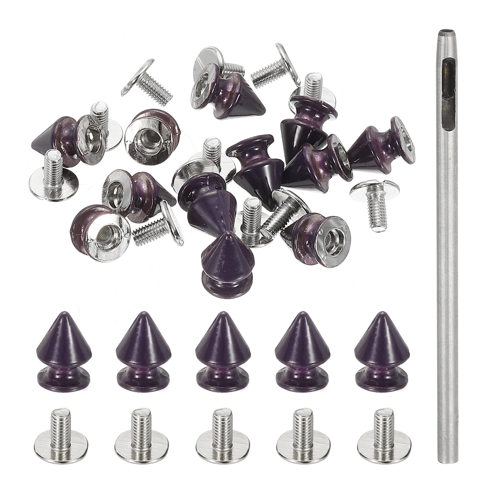 PATIKIL 12mm Studs for Clothing, 24 Sets Spikes for Clothes Studs and Spikes Leather Rivets Metal Cone Punk Spikes Screw Posts with Hole Puncher for Leather Jacket Fabric, Purple