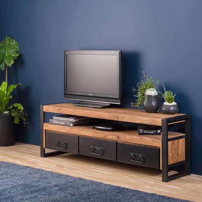 TV Stand Solid Rosewood and Metal 3 Drawers 160 Industry Metal Black