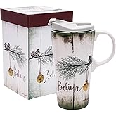 Topadorn Christmas Ceramic Mug Ceramic Travel Mug Porcelain Water Coffee Cup 17oz. with Gift Box and Tritan Lid for Holiday Party, Believe