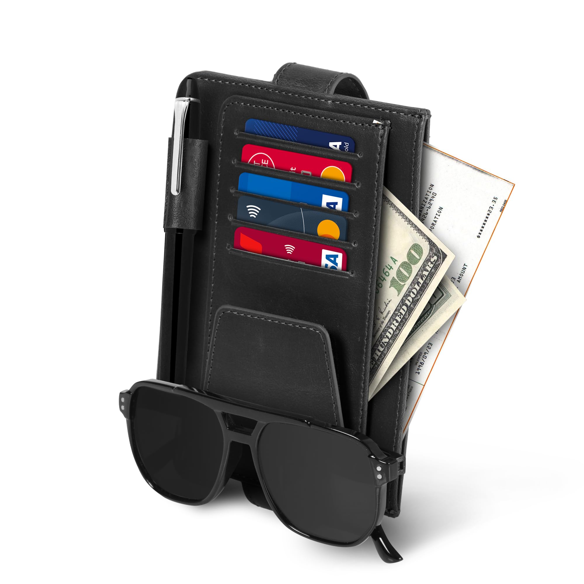 LONDO Leather Car Visor Organizer - Credit Card, Pen & Eyeglass Holder - 5.9x4.5 - Black