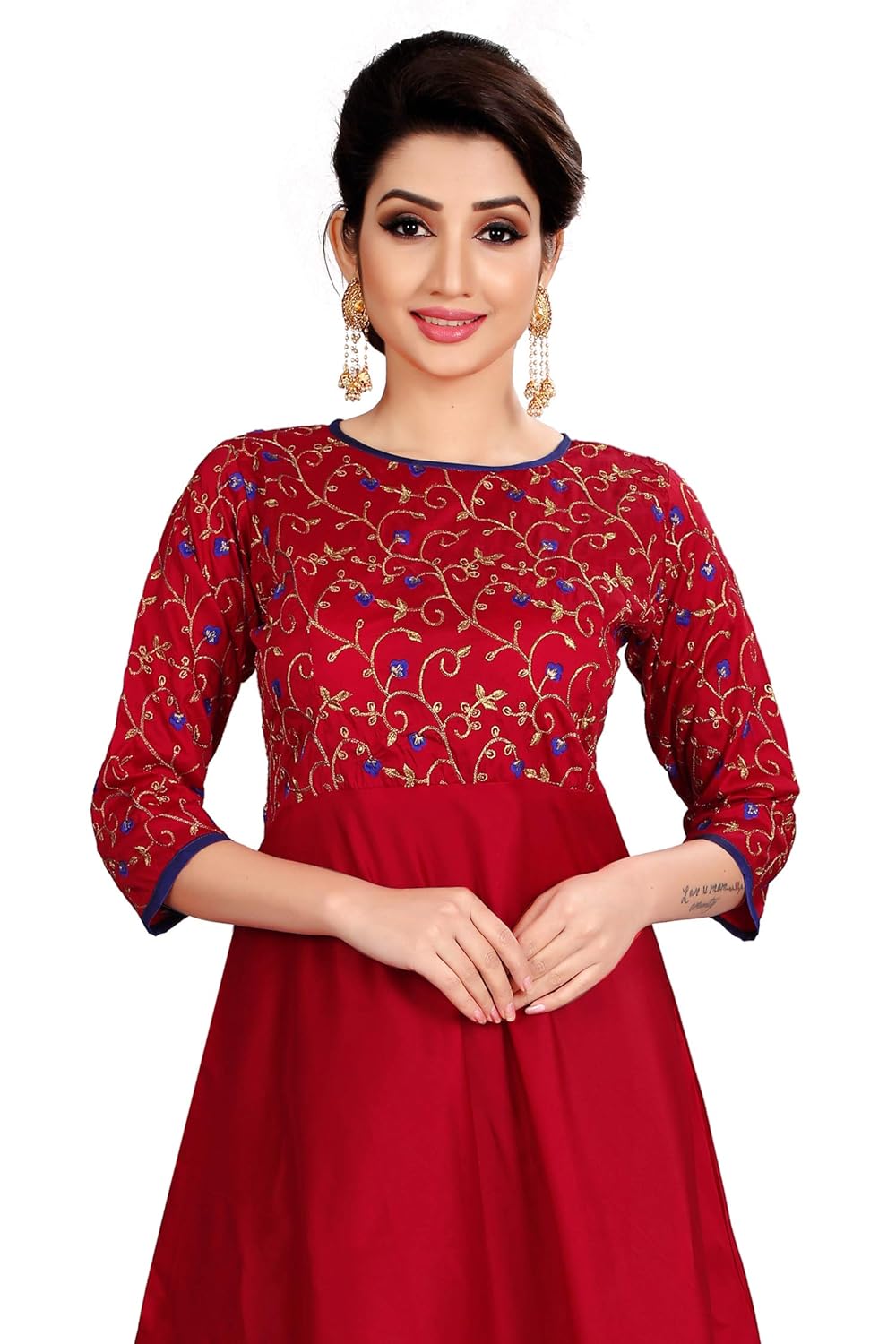 spangel fashion red silk embroderied design women's anarkali gown dress