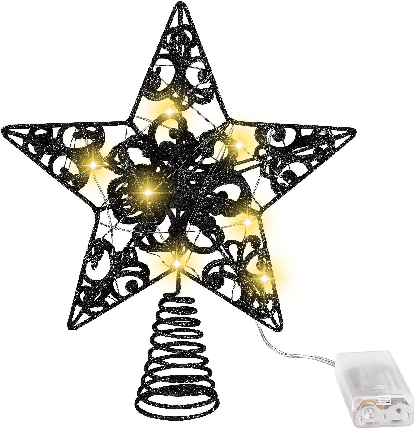 Tree Toppers - MCEAST Glittered Christmas Tree Topper with LED Lights 10 Inches Light Up Star Treetop for Indoor Outdoor Christmas Tree Decoration, Black