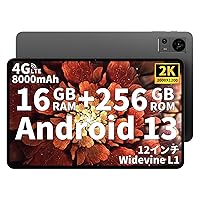 TECLAST T60 Widevine L1対応 12インチタブレット、Android 13 ジャイロセンサー内蔵、SIMフリー 16GB RAM+256GB ROM+1TB TF拡張、2000*1200解像度2K IPSインセル画面 T616 8コアCPU+8000mAh+18W急速充電+GMS認証+顔認識+GPS+金属ボデ
