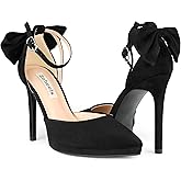 Zzheels Women's Pointed Toe Platform Stiletto Heels Bow Dress Heels Ankle Strap Pumps