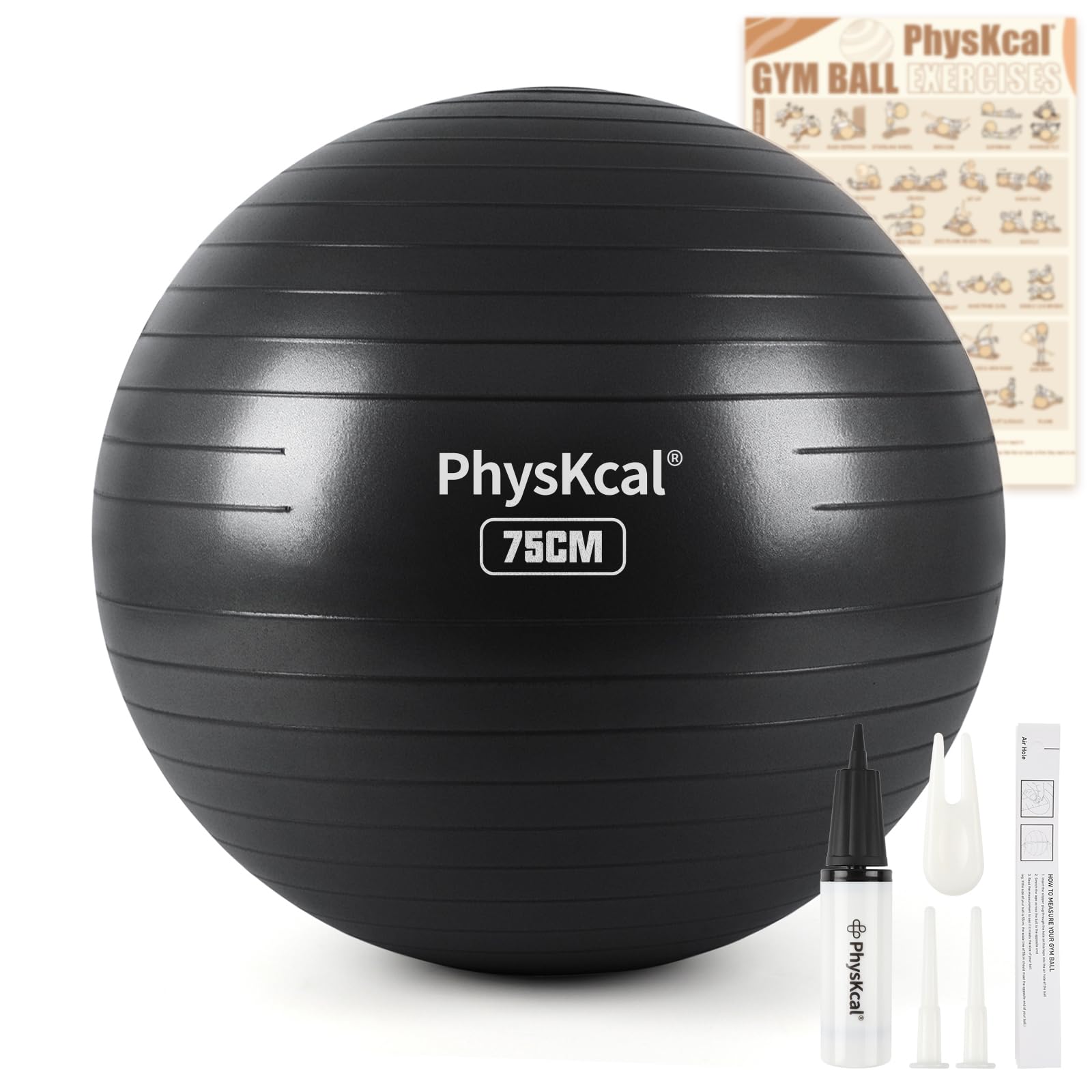 PhysKcal Gym Ball 75cm Black Exercise Swiss Ball for Fitness Yoga Pilates Pregnancy, Anti Burst Ball Chair for Balance, Stability, Quick Pump Included — image 1
