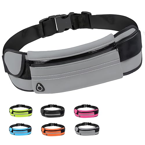 JYJLLM Slim Running Belt, Reflective Run Waist Belt for Workout Jogging with Headphone Port, Lightweight, Compact, and Large Capacity，Tight fit Without Shaking，Multiple Colors to (Grey)