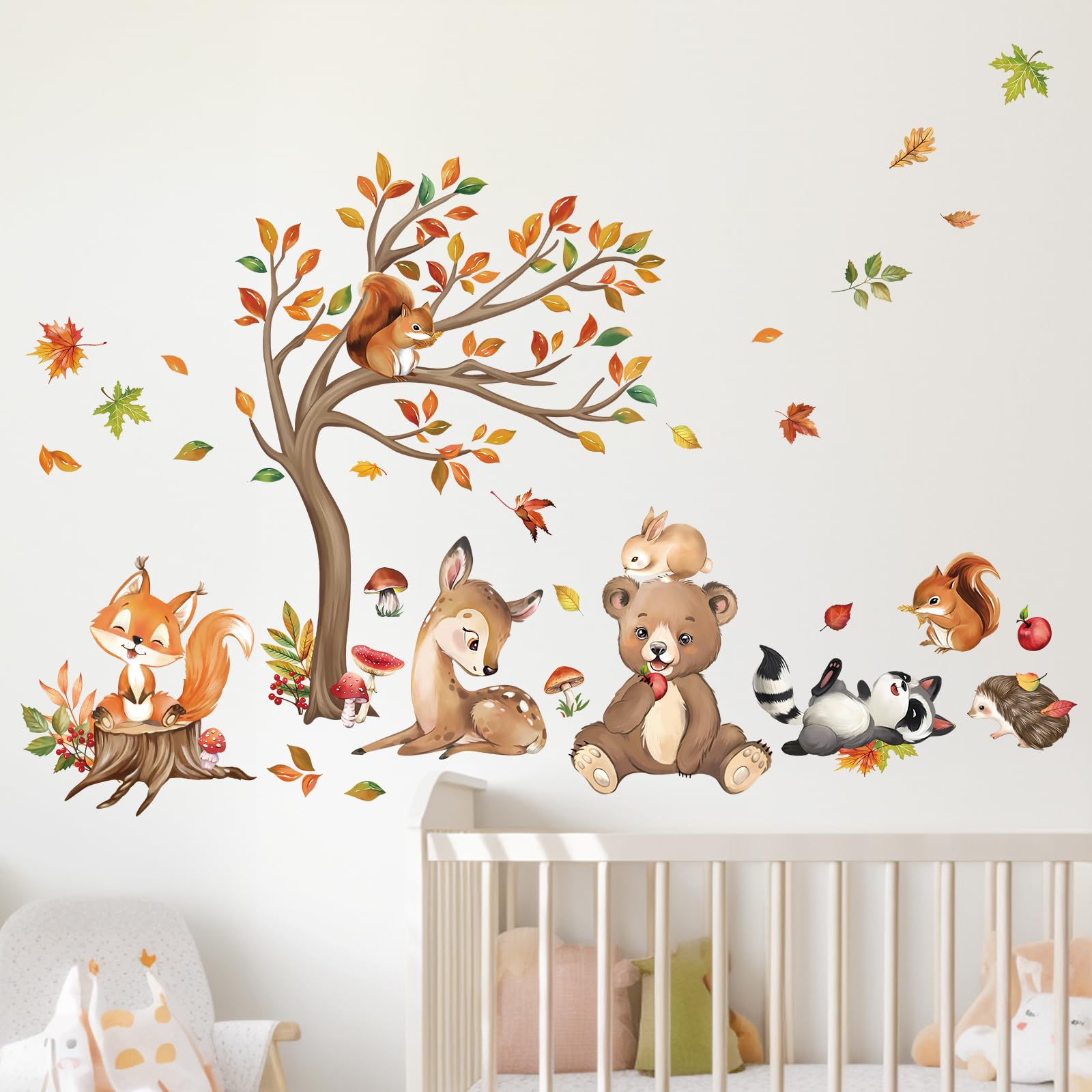 decalmile Woodland Animals Tree Wall Decals Bear Fox Deer Autumn Leaves Wall Stickers Baby Nursery Kids Bedroom Living Room Wall Décor