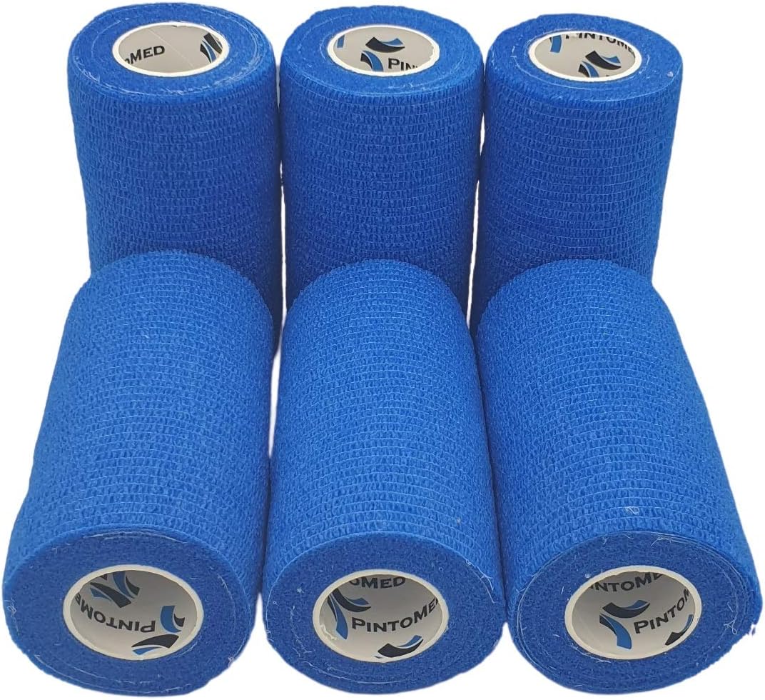 PintoMed, 6X Blue x 10cm x 4.5m Cohesive Bandage Stretched, Self-Adhesive Flexible Bandages